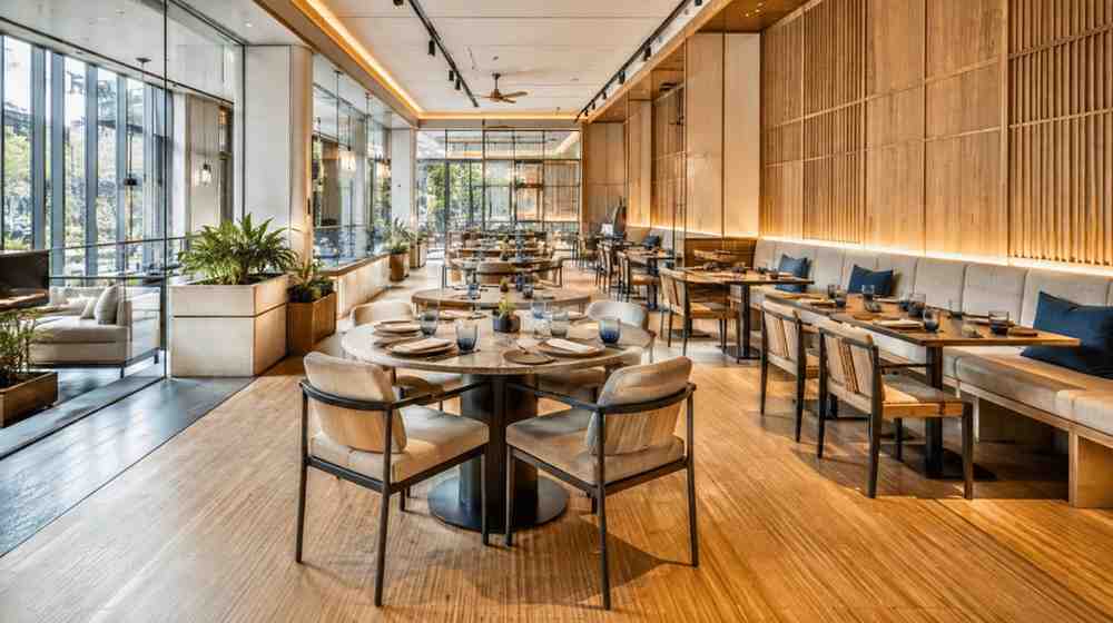 Restaurant floor with a mix of round and rectangular tables, banquette seating, and wood flooring